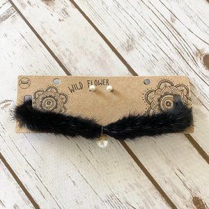 New Wild Flower Women's Black Faux Fur Pearl Choker Necklace & Earring Set